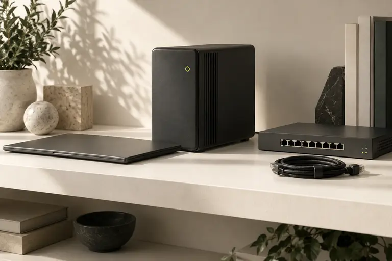 Enterprise technology collections Illustrative workstation, laptop and networking hardware on an ivory shelf