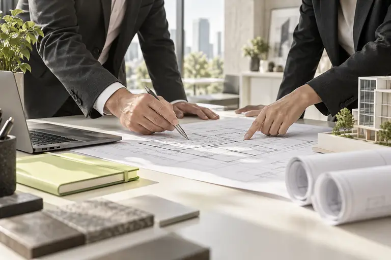 Professional services Professionals reviewing technical plans at a project table